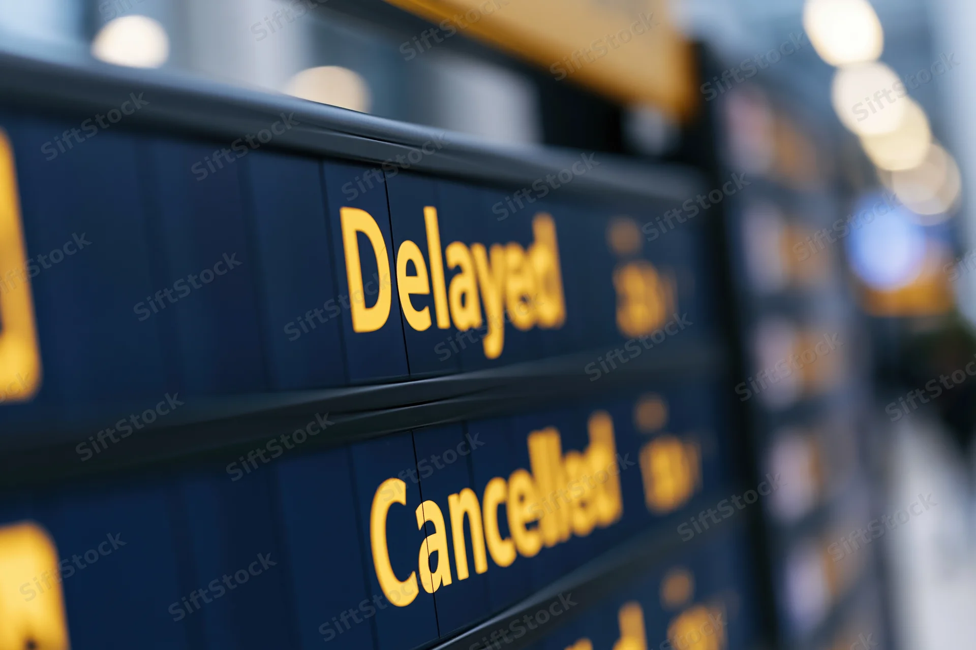 Flight information display board showing delayed and cancelled status in an airport terminal