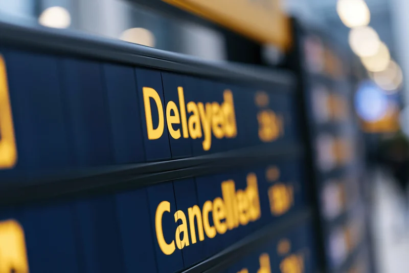 Flight information display board showing delayed and cancelled status in an airport terminal
