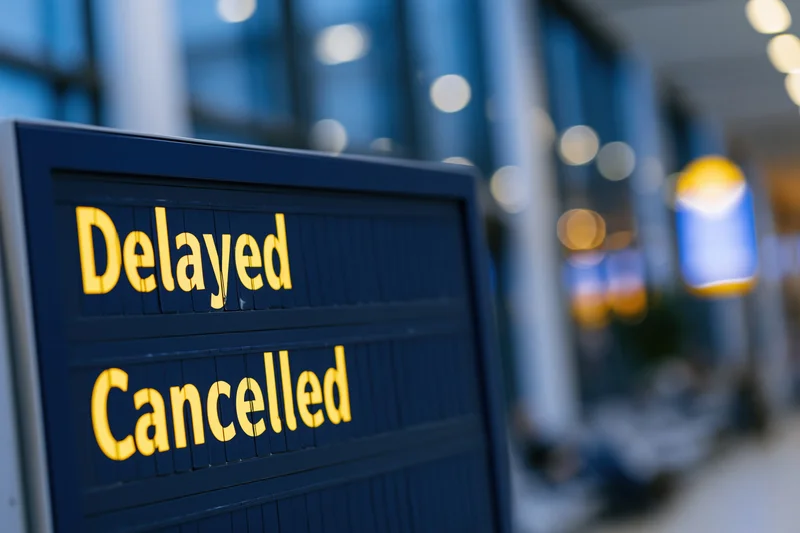 Digital flight information board showing delayed and cancelled status in an airport terminal