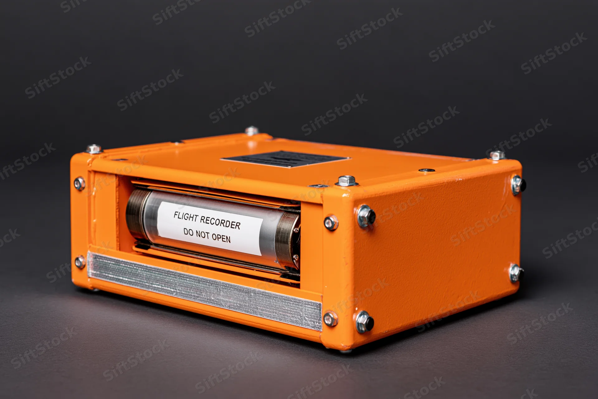 Orange flight recorder unit with visible label and cylindrical core resting on dark surface