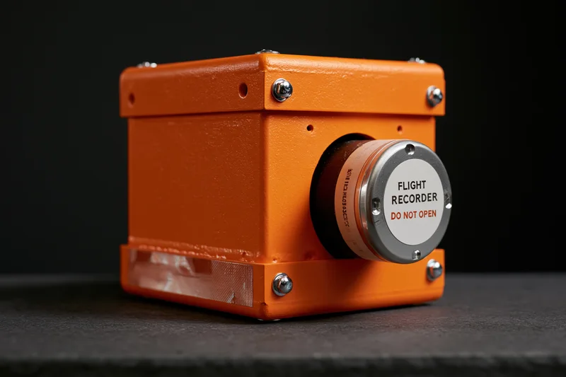 Orange flight recorder unit with warning label sitting on dark surface