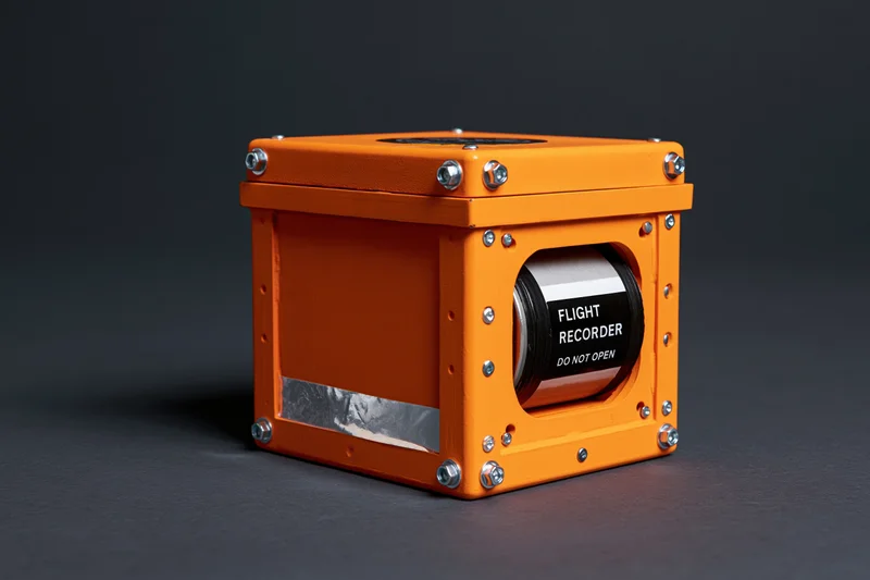 Orange flight recorder black box unit with visible label and bolts sitting on dark surface