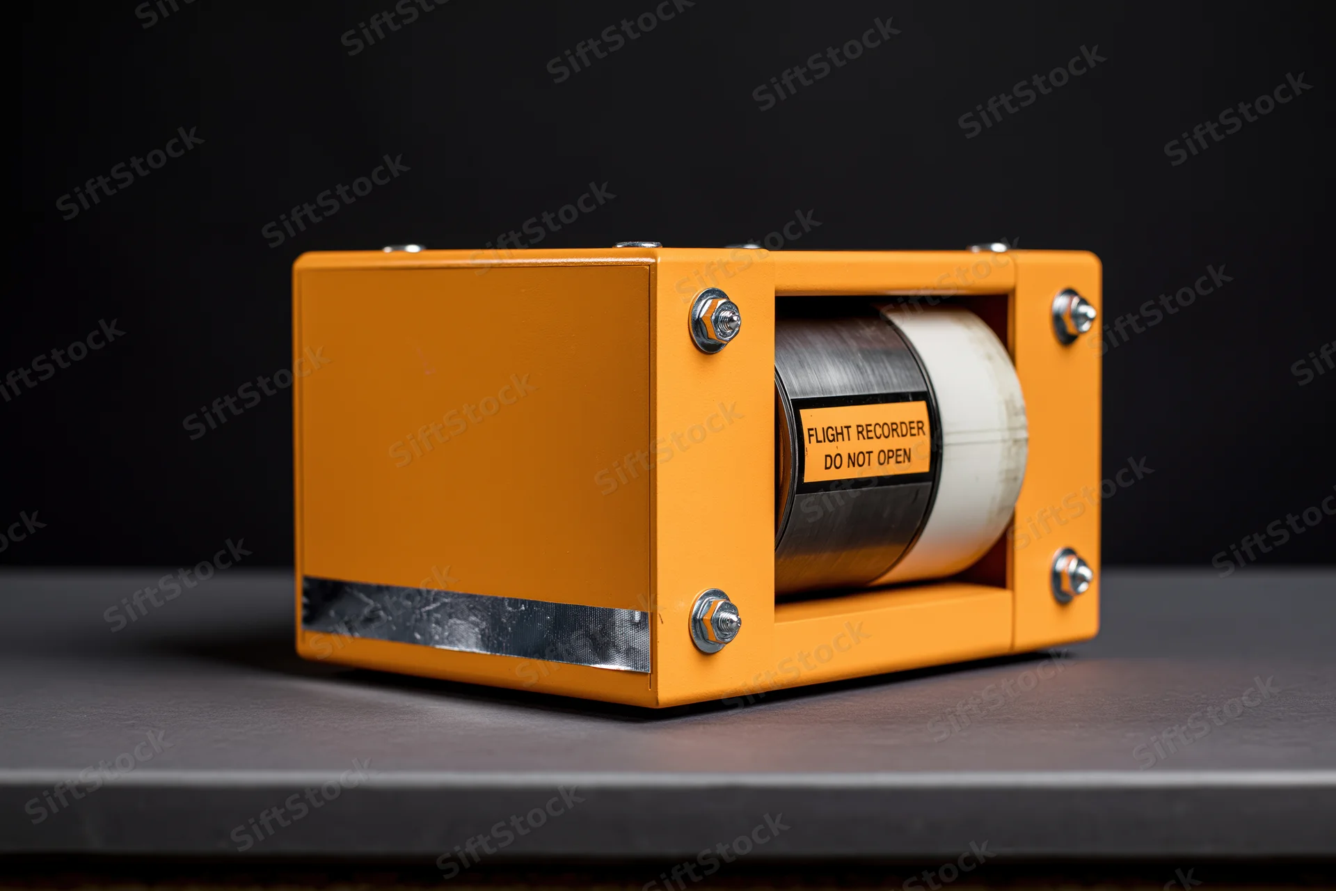 Orange flight recorder unit with visible tape reel and warning label sitting on dark surface