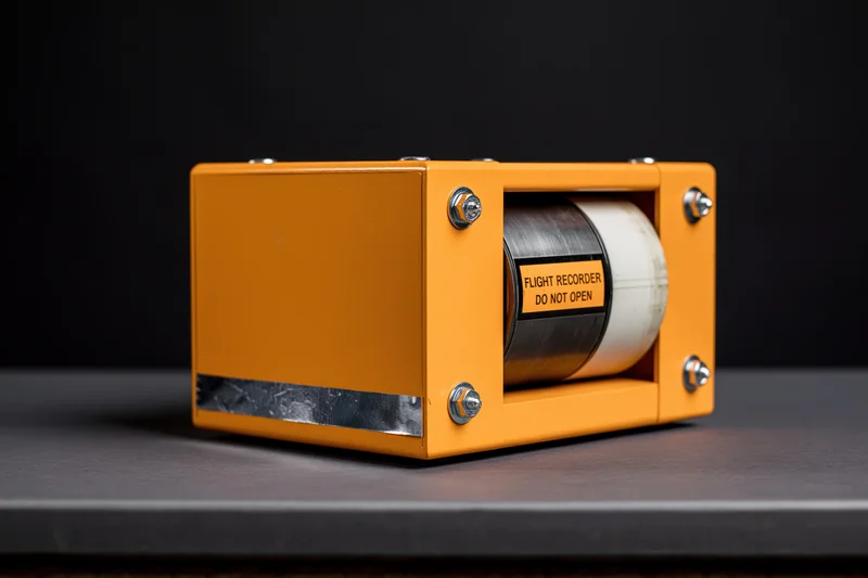Orange flight recorder unit with visible tape reel and warning label sitting on dark surface