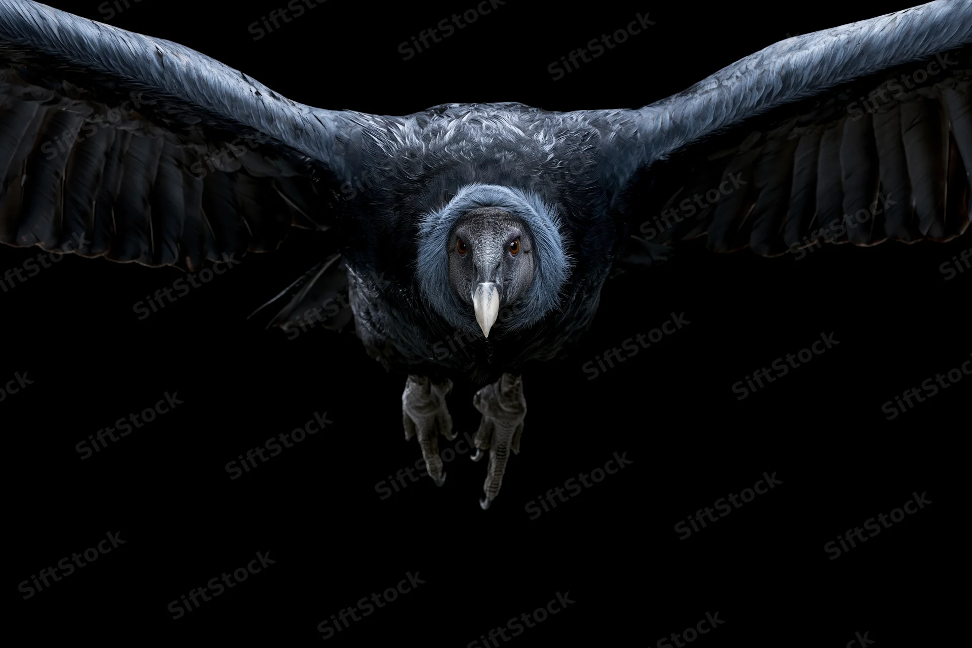 Andean condor flying directly toward camera with wings fully spread against black background