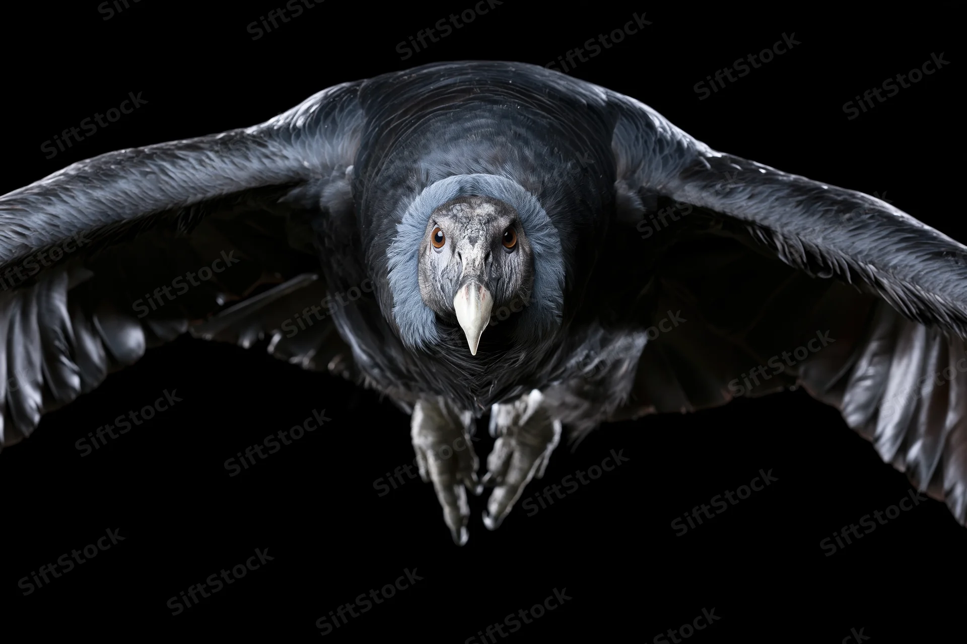 Andean condor flying directly toward camera with wings fully spread against black background