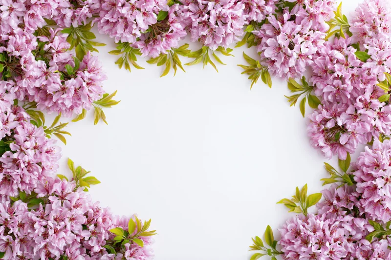 Apple tree branches with pink blossoms and green leaves arranged in a frame around white copyspace