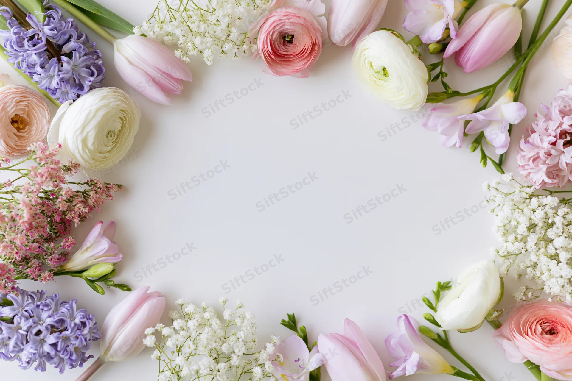 Assorted spring flowers arranged in a flat lay border frame on white background