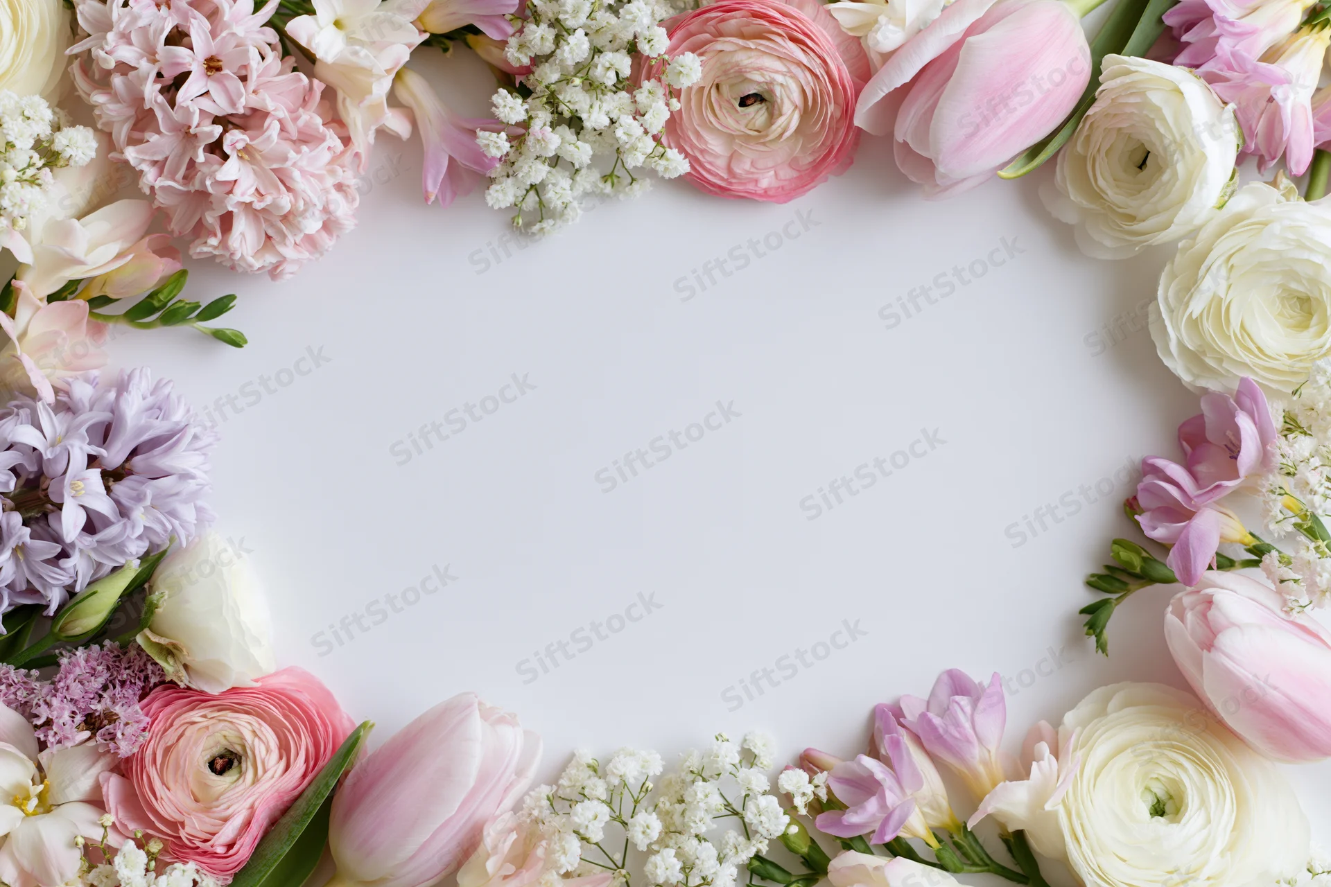 Assorted spring flowers arranged in a flat lay border frame on white background