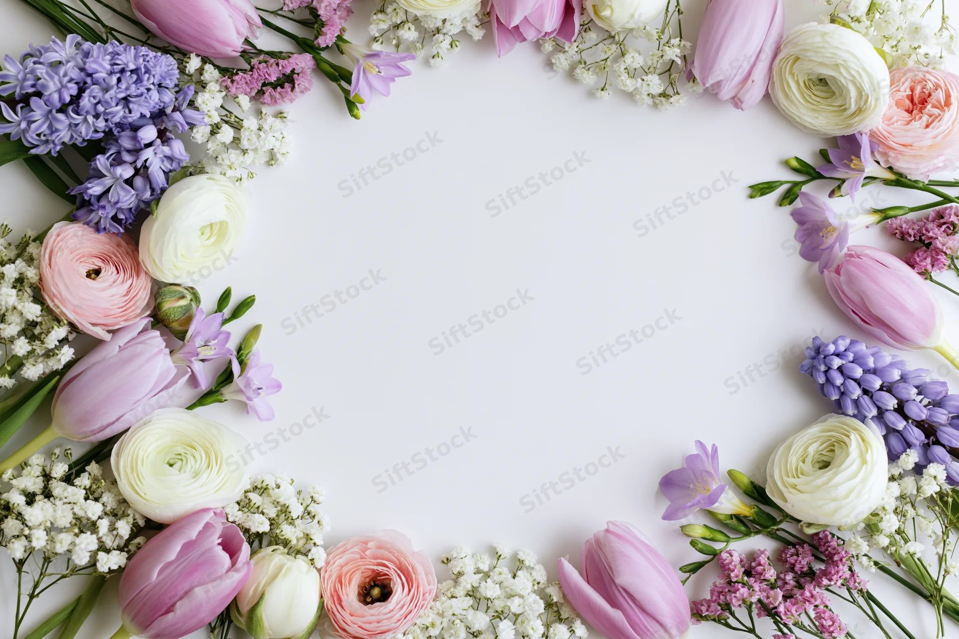 Assorted spring flowers arranged in a flat lay border frame on white background