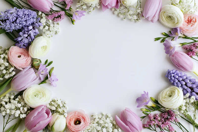 Assorted spring flowers arranged in a flat lay border frame on white background
