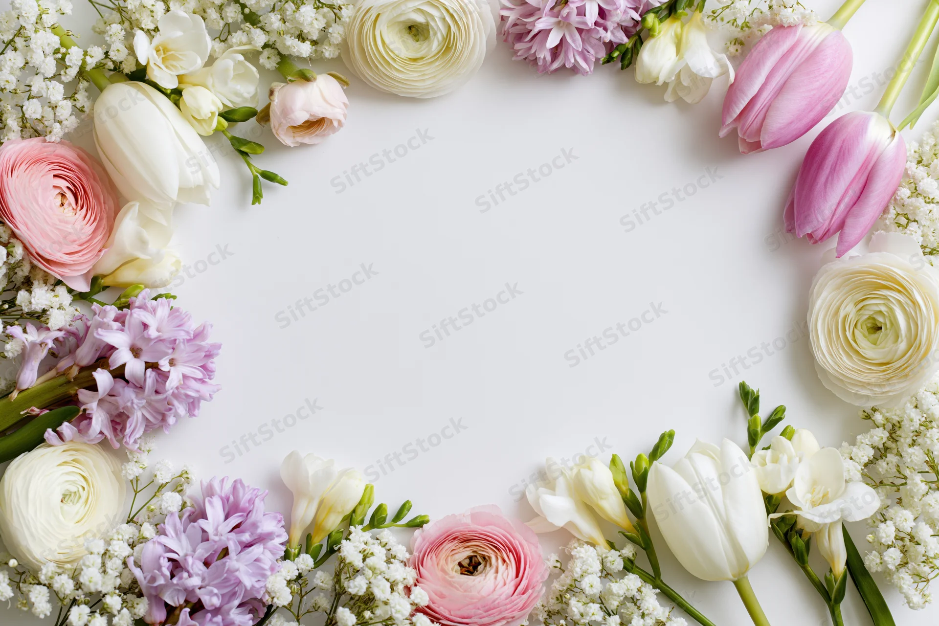 Assorted spring flowers arranged in a flat lay border frame on white background