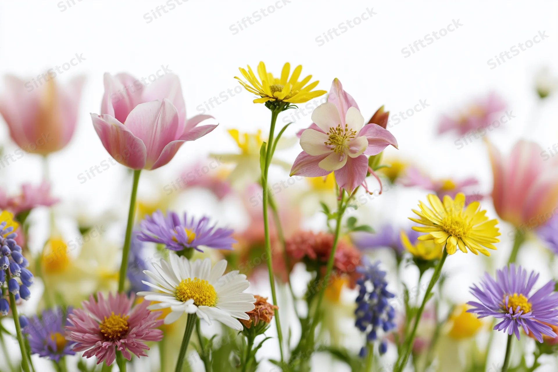 Assorted spring wildflowers clustered along the bottom edge with soft focus background