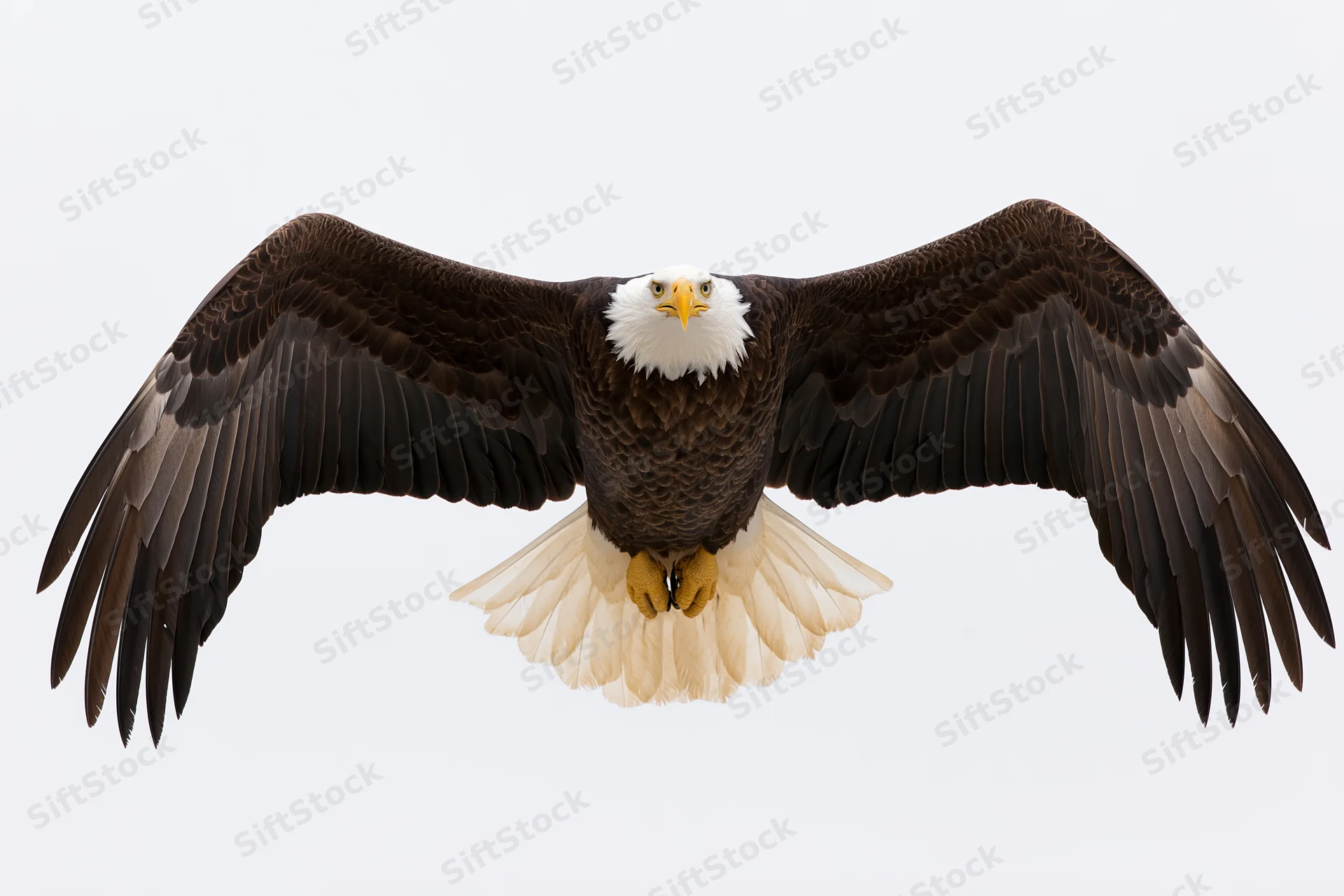 Bald eagle in full frontal flight with wings spread wide and talons extended against plain background