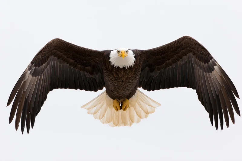 Bald eagle in full frontal flight with wings spread wide and talons extended against plain background