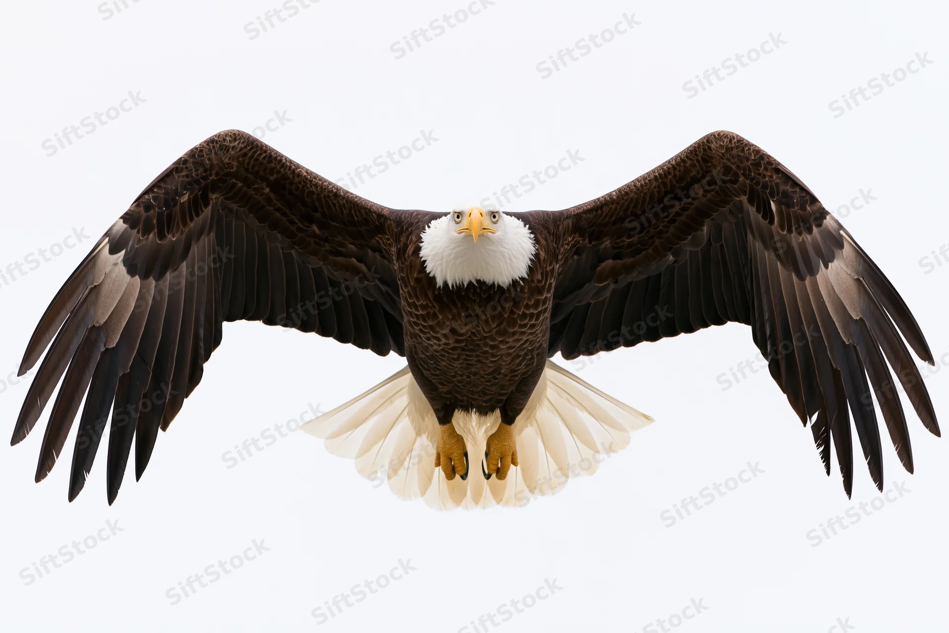Bald eagle in full frontal flight with wings spread wide and talons extended against white background