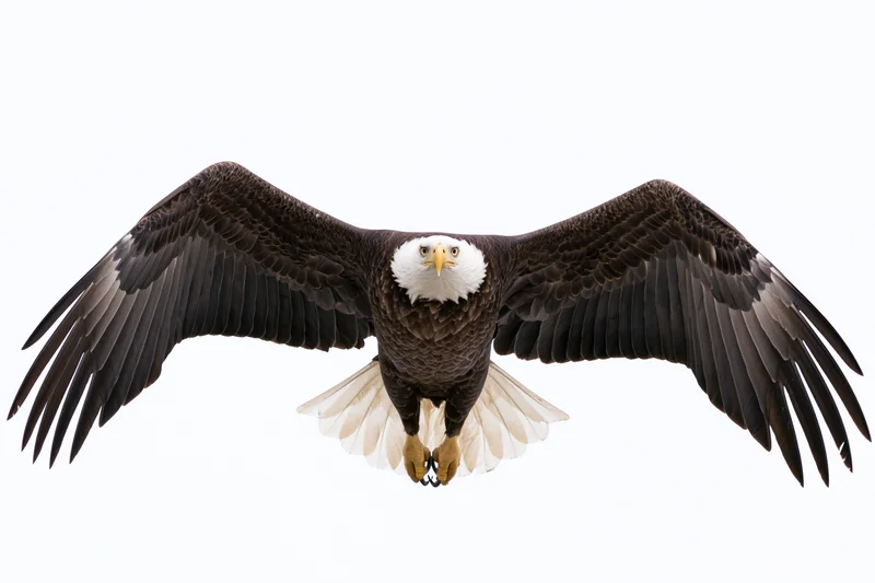 Bald eagle in full frontal flight with wings spread wide and talons extended against white background