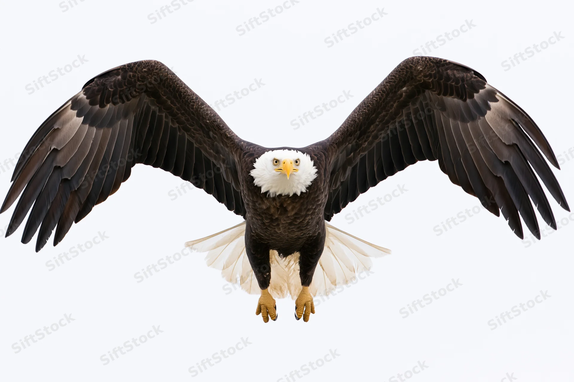 Bald eagle in full frontal flight with wings spread wide and talons extended against white background