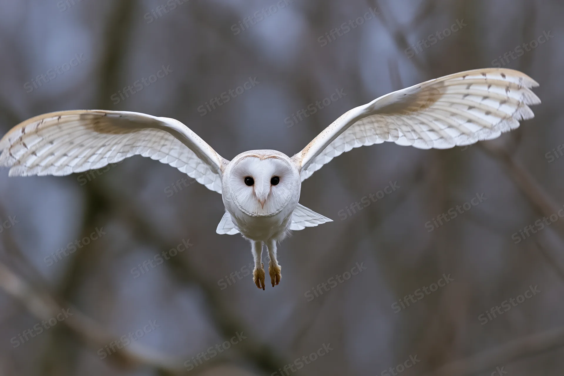 Barn owl in mid-flight approaching camera head-on with wings spread over blurred forest background