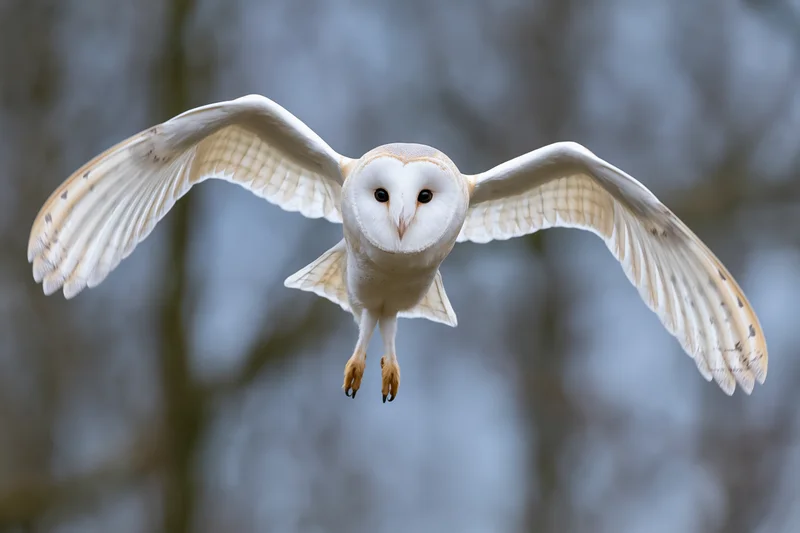 Barn owl in mid-flight approaching camera head-on with wings spread and talons extended over blurred forest background