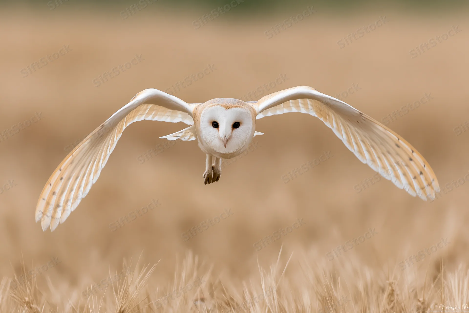 Barn owl diving with wings fully spread and talons extended over a wheat field