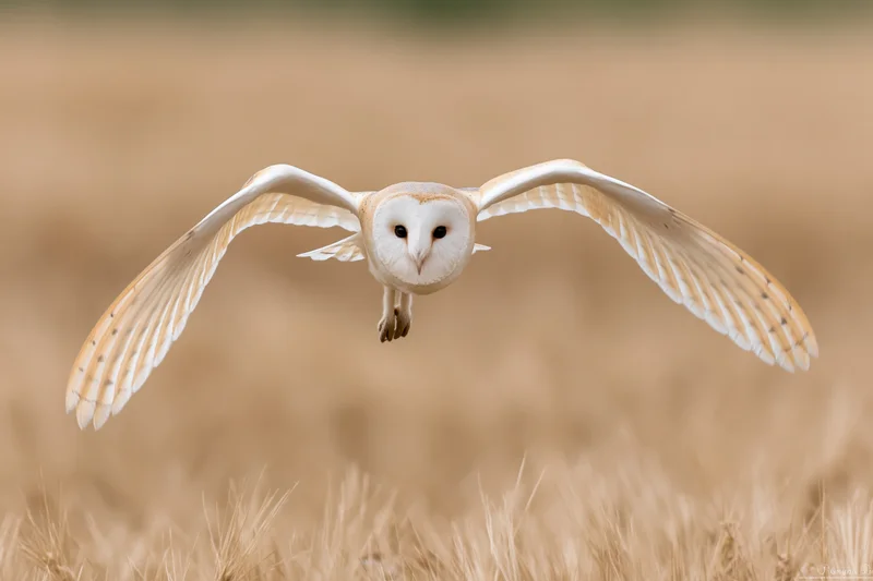 Barn owl diving with wings fully spread and talons extended over a wheat field
