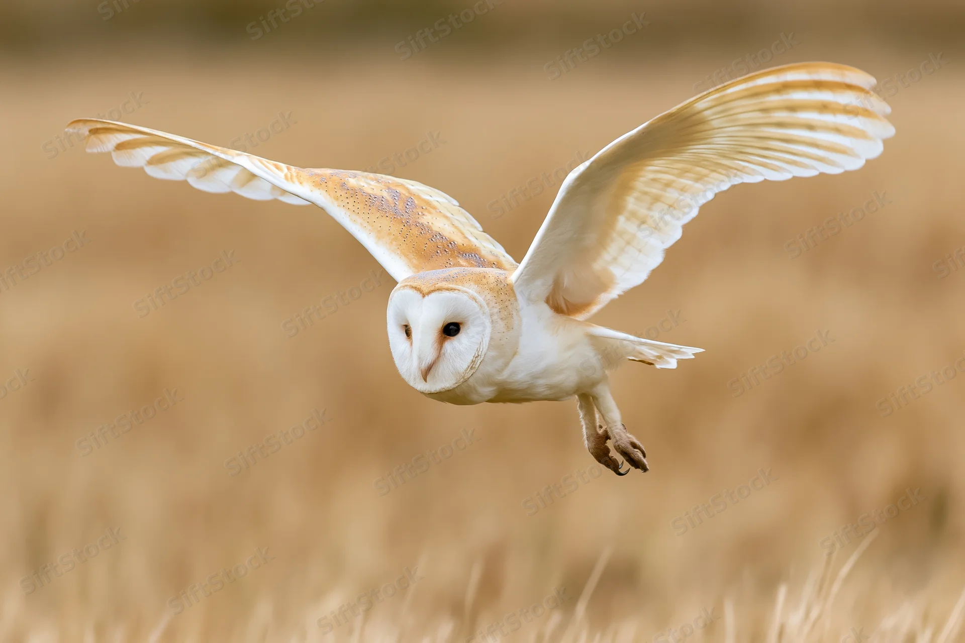 Barn owl diving with wings spread and talons extended over a golden field