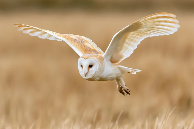 Barn owl diving with wings spread and talons extended over a golden field