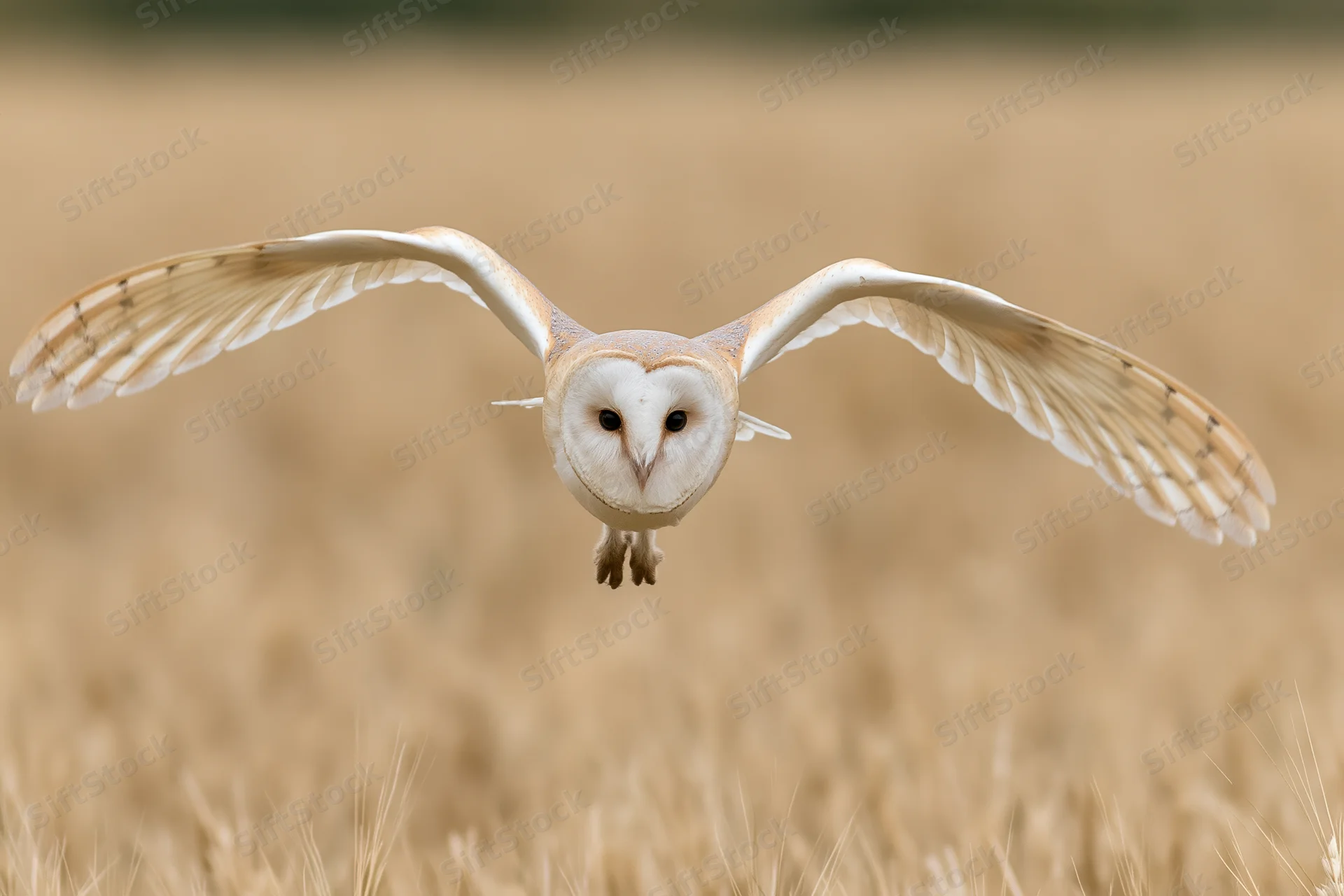 Barn owl diving in mid-flight with wings fully spread over a golden field