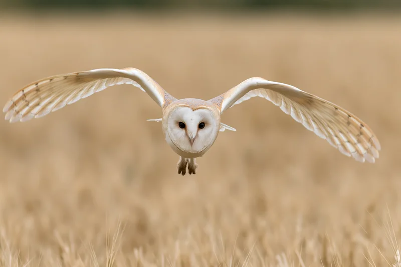 Barn owl diving in mid-flight with wings fully spread over a golden field