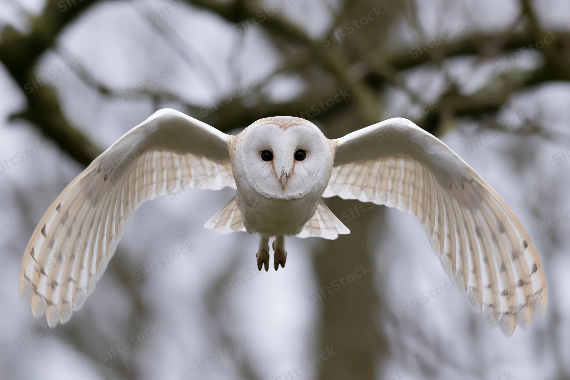 Barn owl in mid-flight with wings spread facing camera against blurred trees