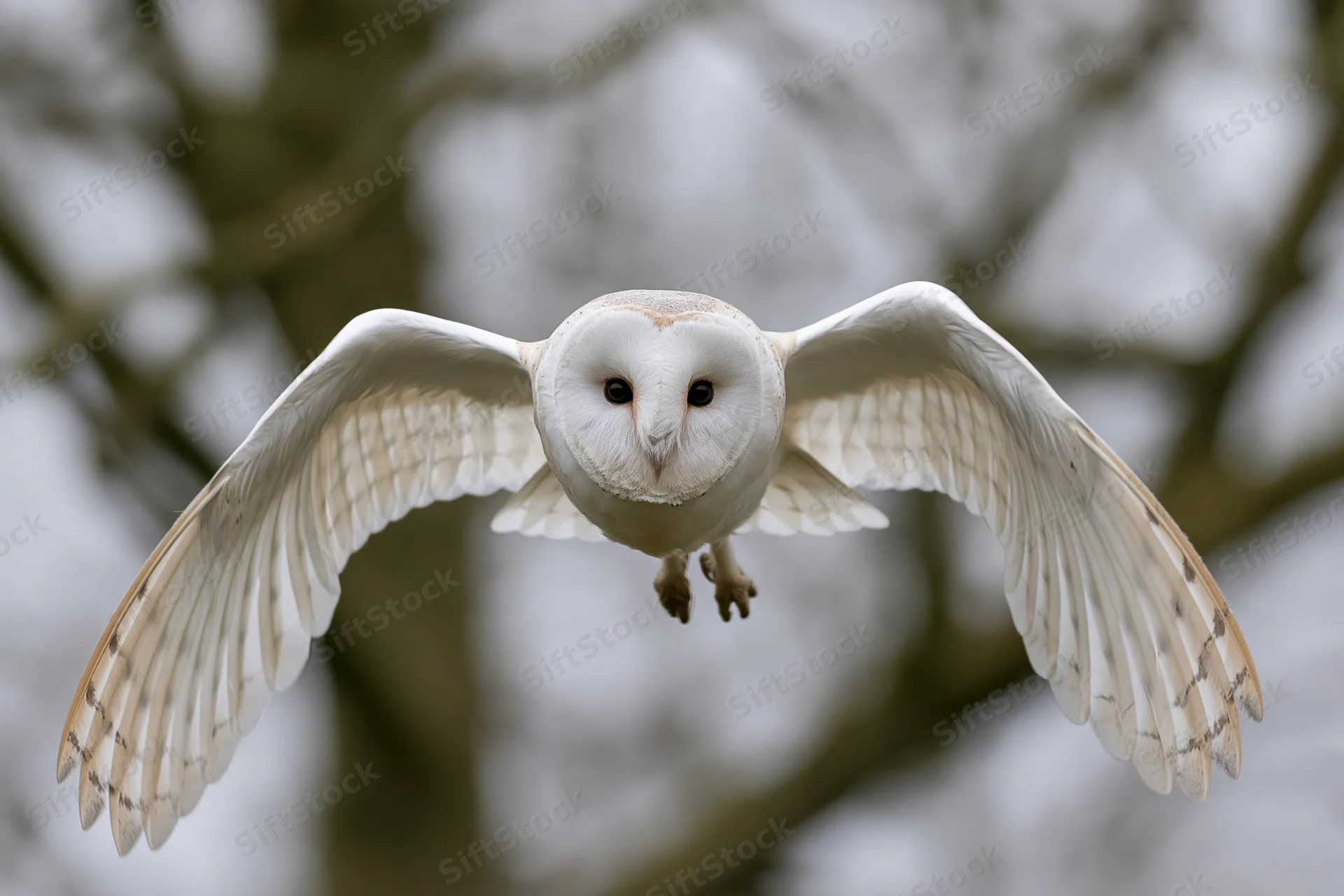 Barn owl in mid-flight facing camera with wings spread wide against blurred tree background