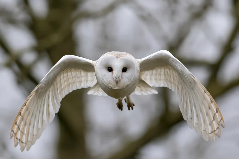 Barn owl in mid-flight facing camera with wings spread wide against blurred tree background