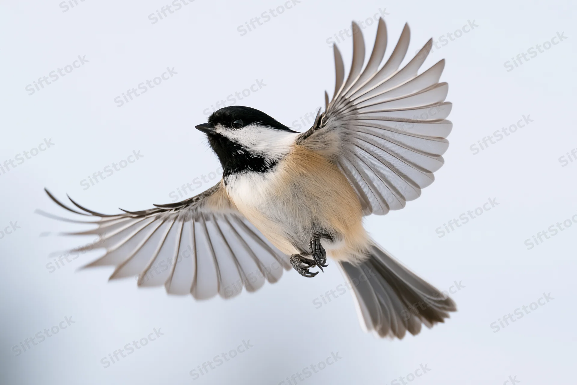 Black-capped chickadee in mid-flight with wings fully spread against a plain sky background
