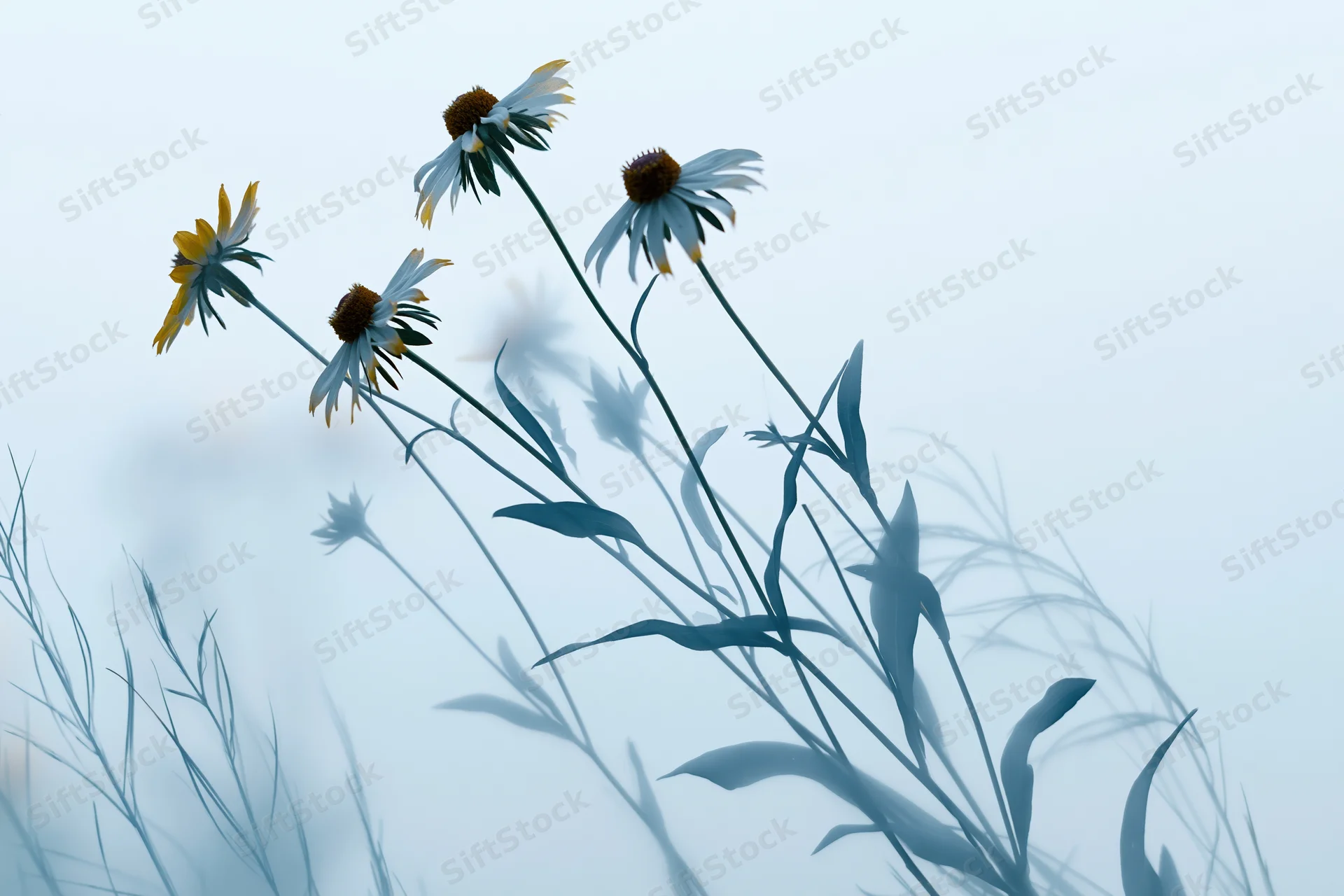 Blackeyed susan wildflowers blooming in a misty field with soft blue tones and blurred background