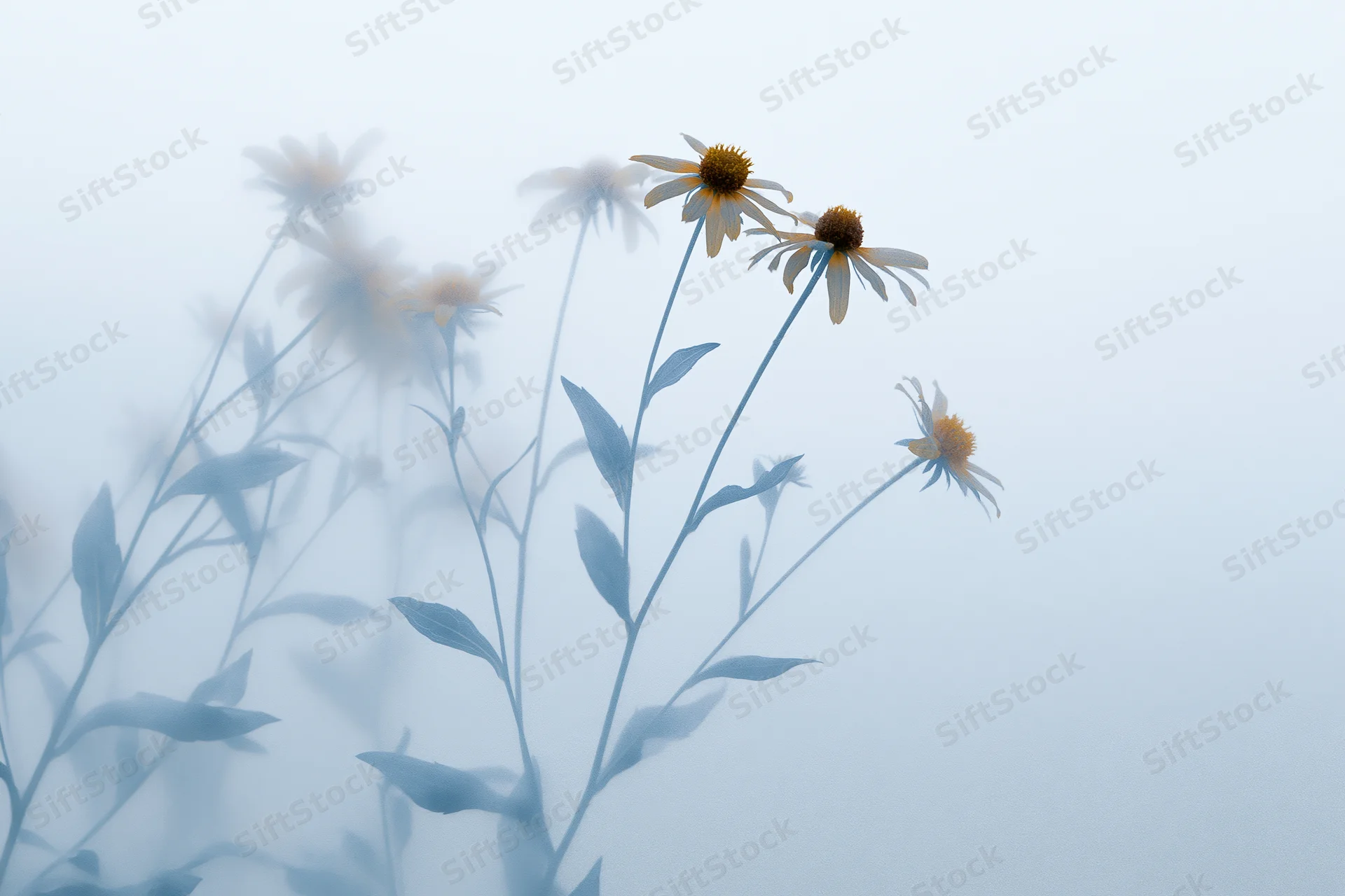 Blackeyed susan wildflowers blooming in misty field with soft focus background