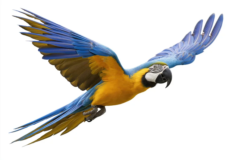 Blue-and-gold macaw in mid-flight with wings fully spread against white background