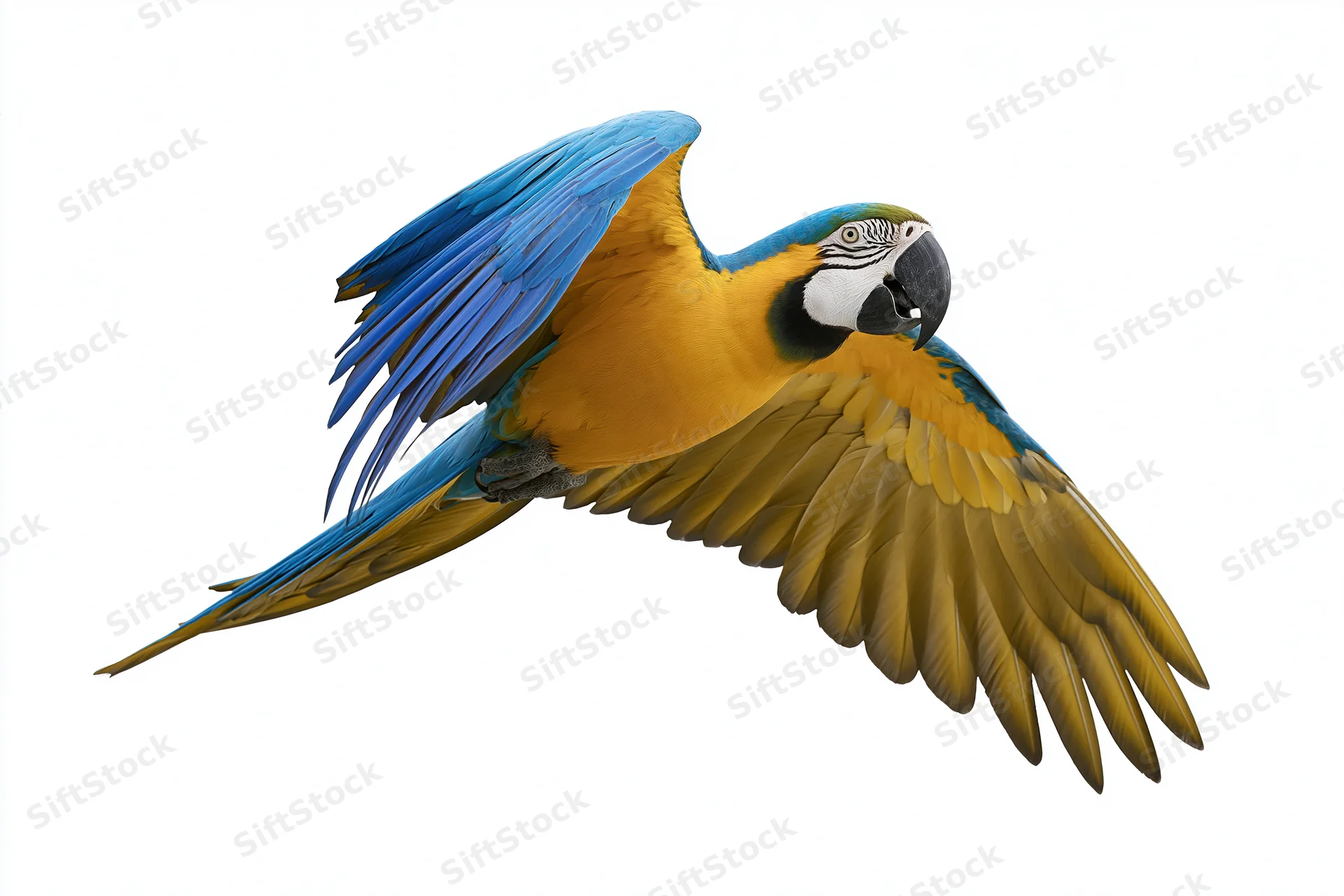 Blue-and-gold macaw in mid-flight with wings fully spread against white background