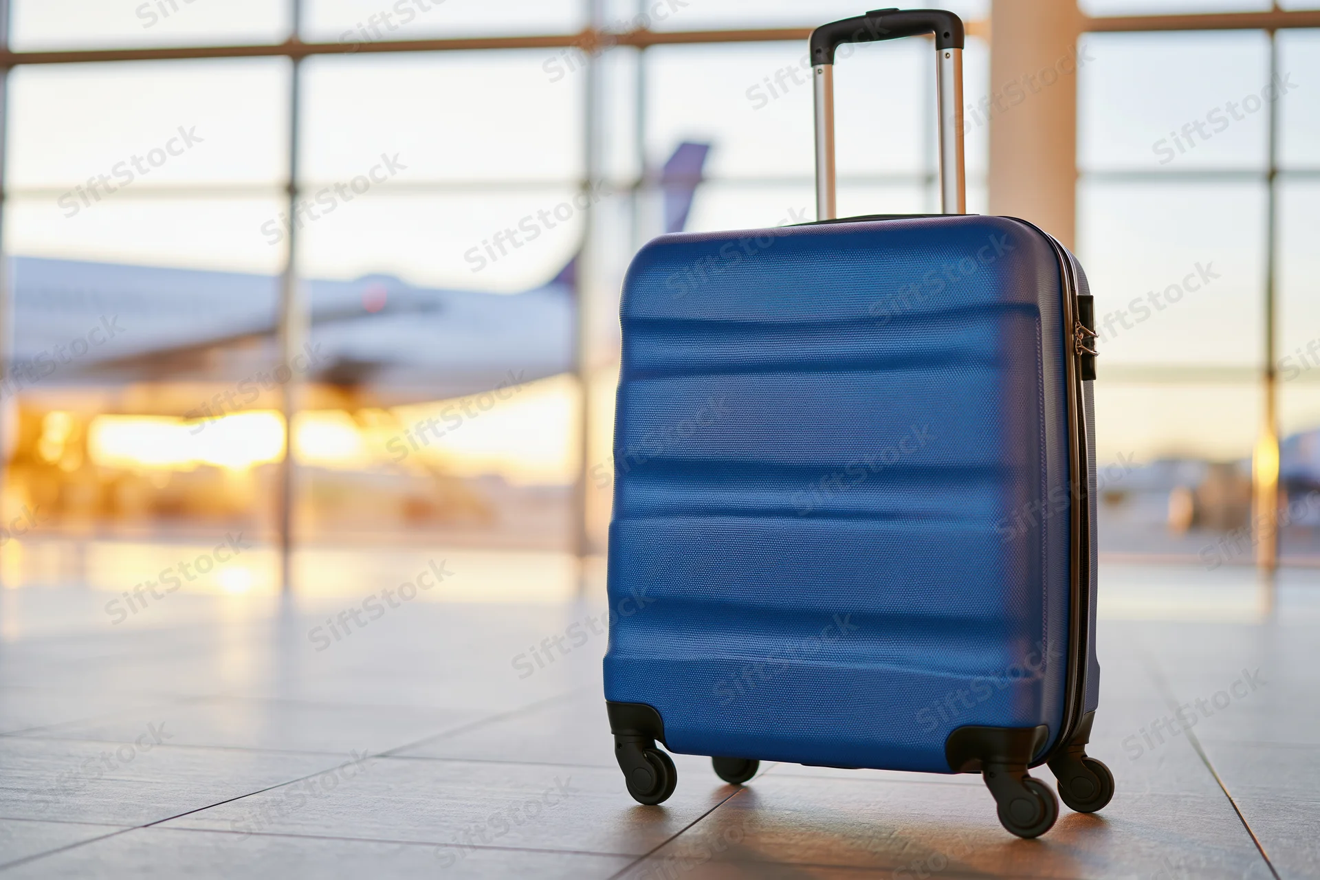 Blue hard-shell rolling suitcase standing upright on tiled floor in airport terminal with airplane visible through window in background