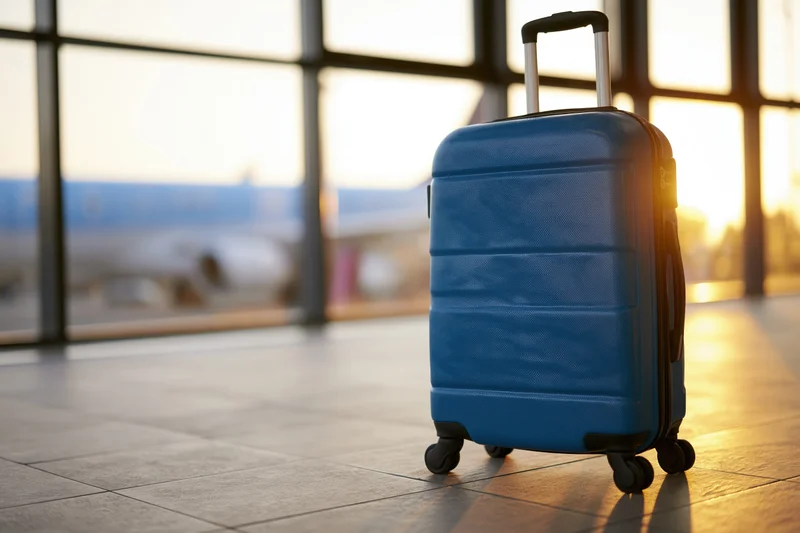 Blue hard-shell rolling suitcase standing upright on tiled floor near airport window with sunlight and aircraft visible outside