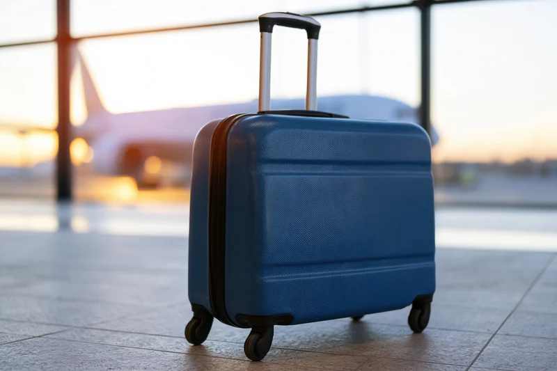 Blue hard-shell rolling suitcase standing upright on tiled floor in airport terminal with aircraft visible through window at sunset