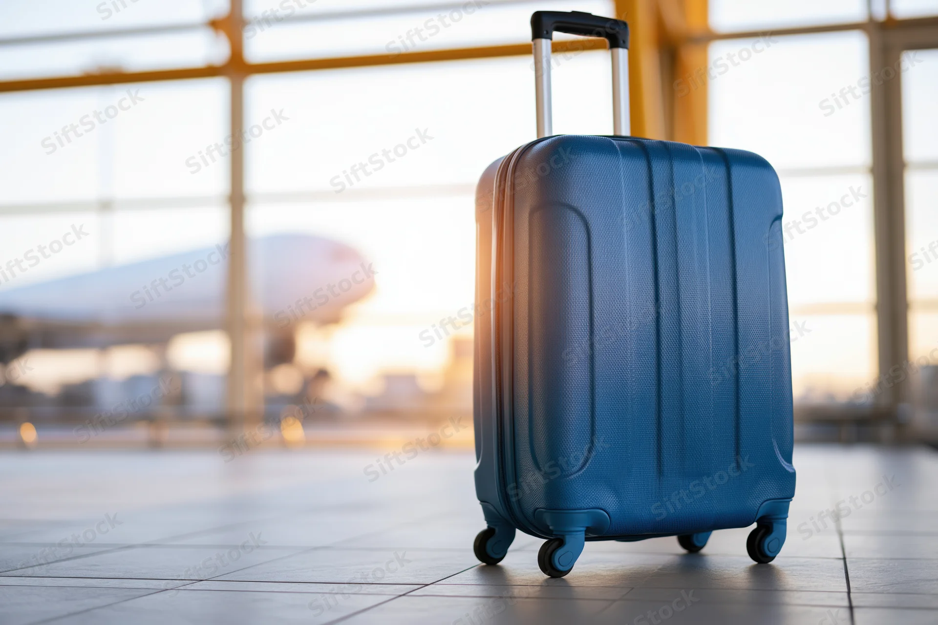Blue hard-shell rolling suitcase standing upright on tiled floor in airport terminal with aircraft visible through window