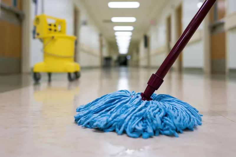 Blue string mop with red handle cleaning wet floor in hospital hallway