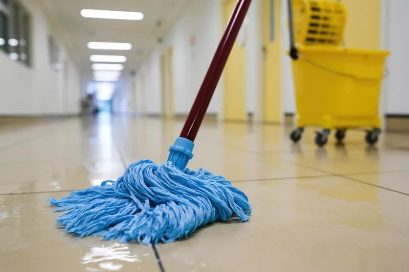 Blue string mop with red handle pressed against wet tile floor in institutional hallway