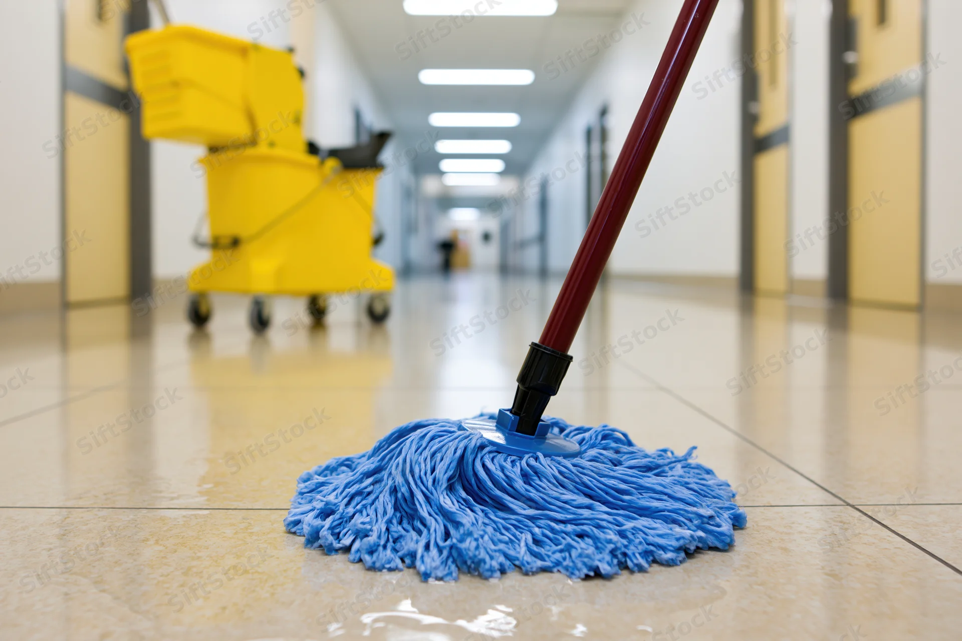 Blue string mop with red handle cleaning wet tiled hallway floor near yellow cleaning cart