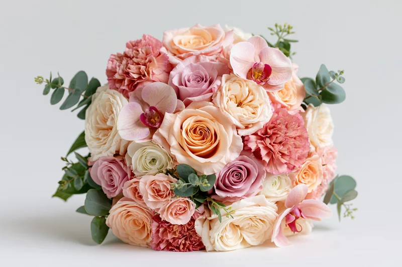 Bridal bouquet densely arranged with roses, orchids, carnations and eucalyptus resting on a flat surface