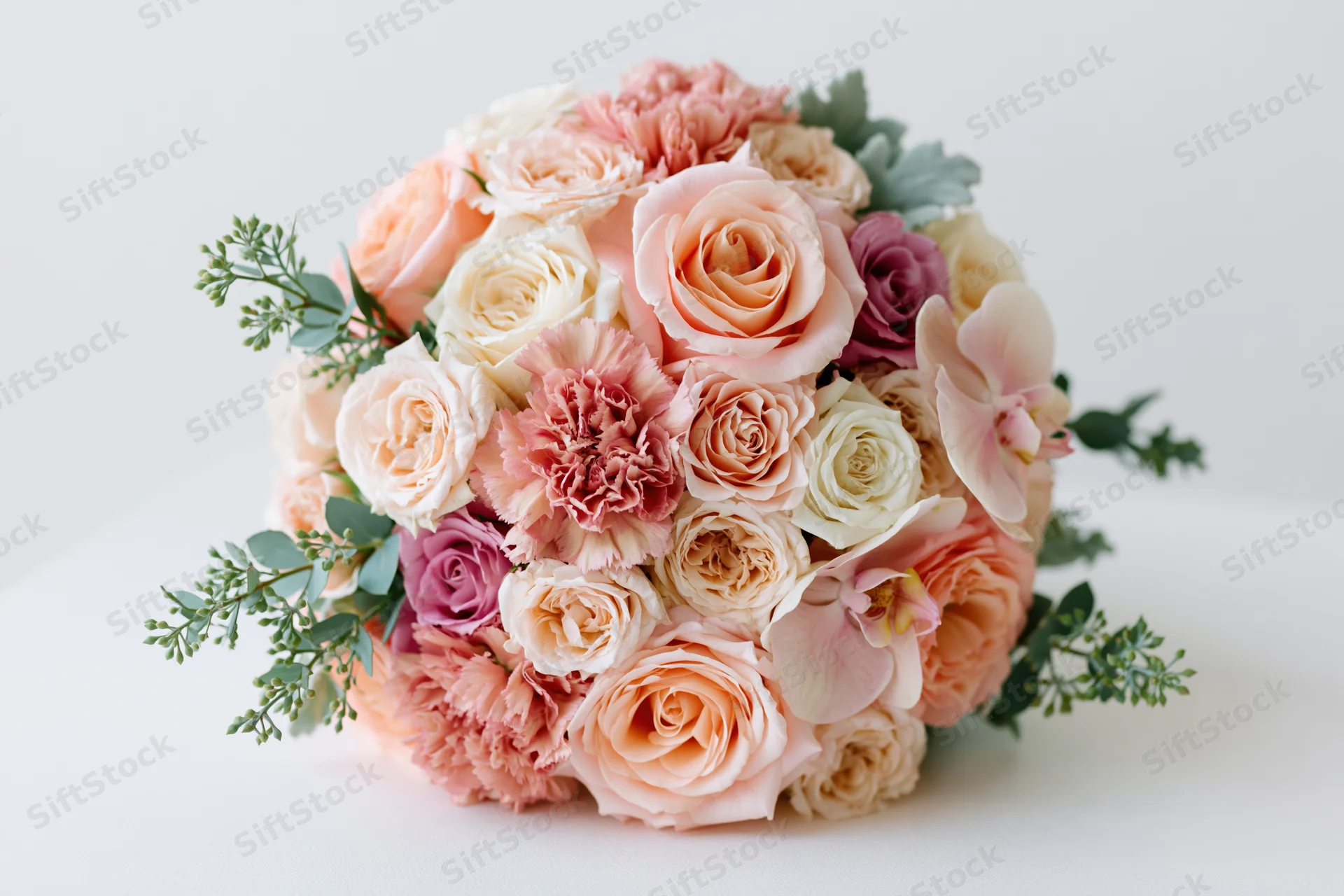 Bridal bouquet densely arranged with roses, orchids, carnations and greenery resting on a flat white surface