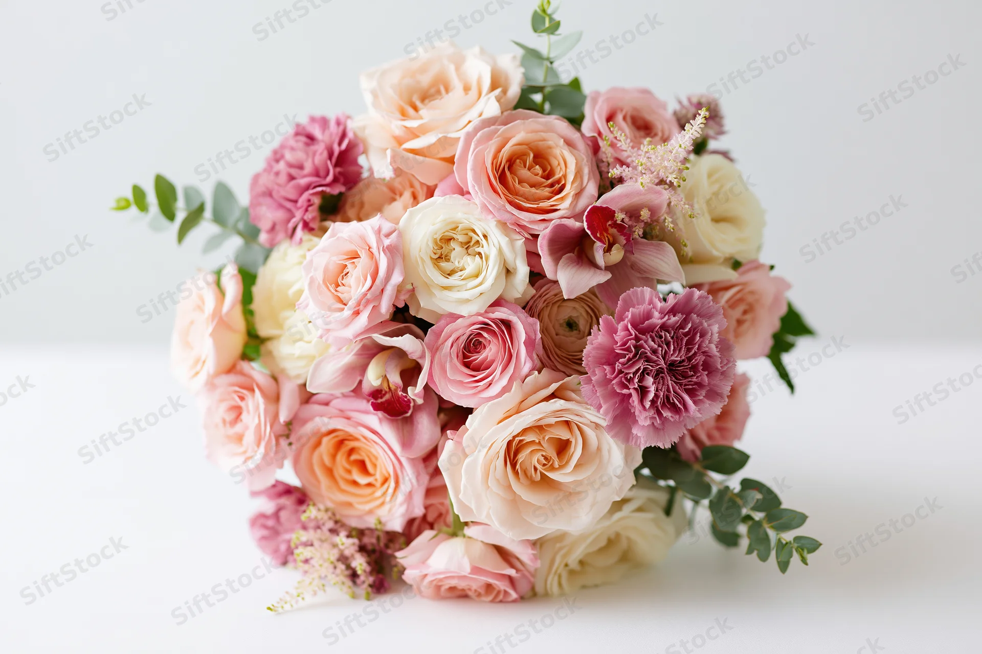 Bridal bouquet densely arranged with roses and greenery resting on white surface