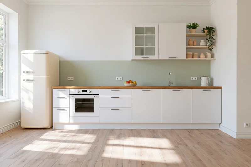 Bright scandinavian kitchen interior with white cabinetry and wooden countertops featuring a refrigerator, oven, sink and open shelves with plants and decor