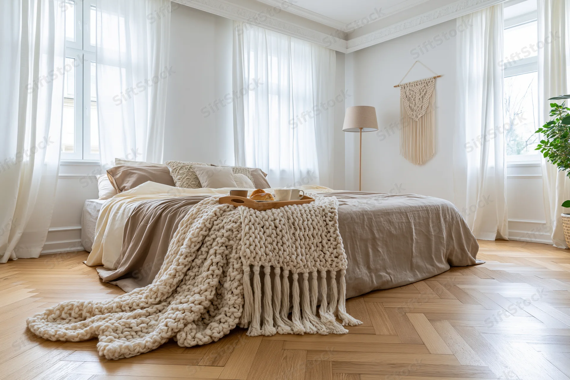 Made bed with knitted blanket and breakfast tray in bright bedroom with parquet flooring and sheer curtains